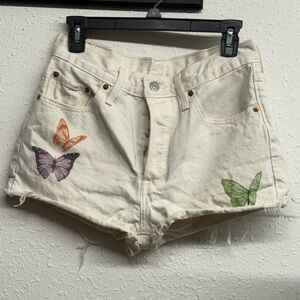 Levi's 501 Cream Jean Shorts with Butterfly Design